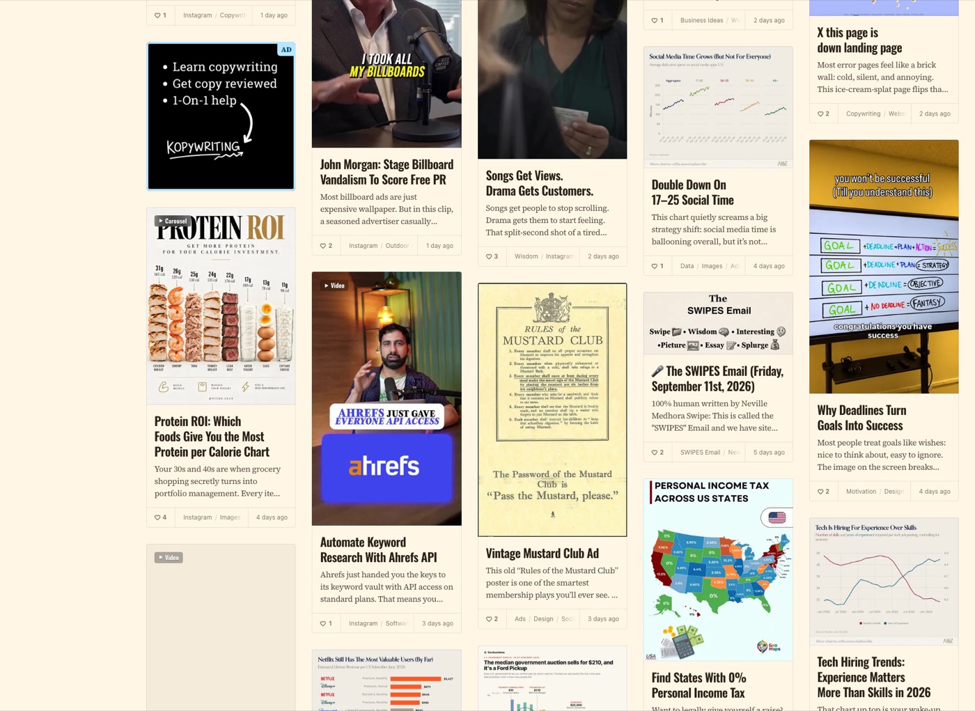 Swipefile.com homepage on a desktop browser, a grid of swipe cards